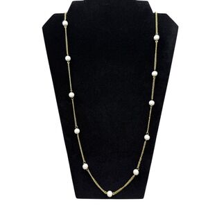 Long Elegant Layering Gold Tone Chain Necklace White Acrylic Bead Jewelry 30 in